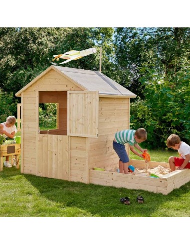 Cabane en bois, maisonnette pour enfants 2-en-1 avec bac à sable hantent personnes