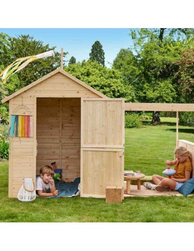 Cabane en bois, maisonnette pour enfants 2-en-1 avec pergola en linge