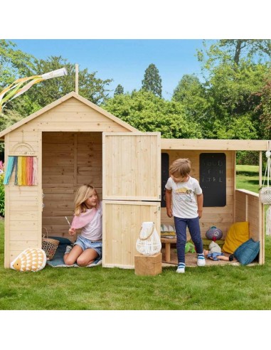 Cabane en bois, maisonnette pour enfants 2-en-1 avec préau et tableaux noirs Le MVP de beaucoup