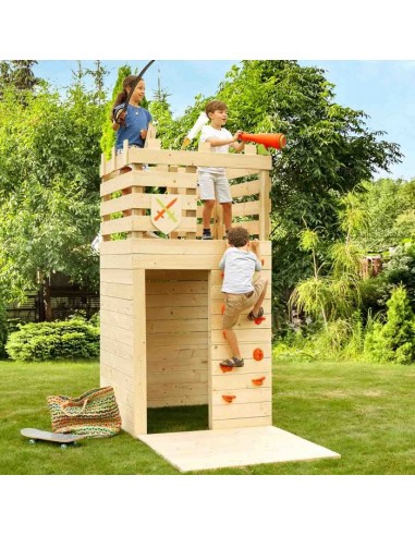 Aire de jeux écoresponsable en bois 3-en-1 - cabane, mur d'escalade, poste d'observation la colonne vertébrale